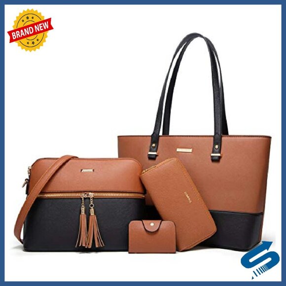 Women Large Tote Satchel Set with Wallet & Card Holder - 4pc Synthetic Leather